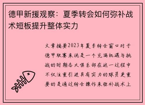 德甲新援观察：夏季转会如何弥补战术短板提升整体实力