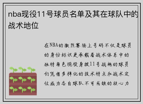 nba现役11号球员名单及其在球队中的战术地位